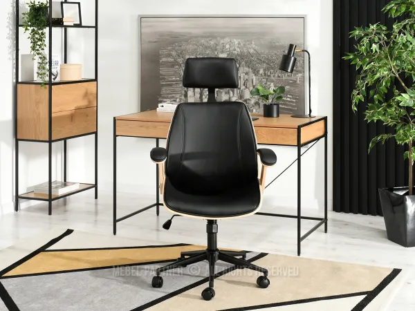  Nowoczesny fotel biurowy z drewnianymi akcentami i luksusową ekoskórą